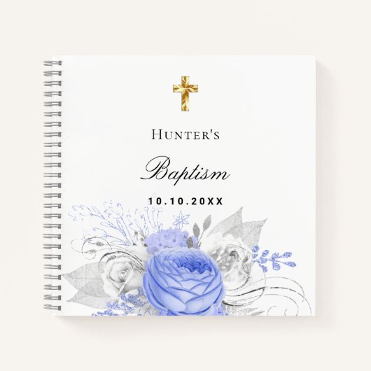 ゲストブック 洗礼 青い少年 花 クロス エレガント ノートブック (正面)