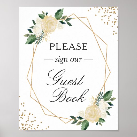 ゲストブック 署名 緑の植物 ゴールド グリッター 花 (正面)