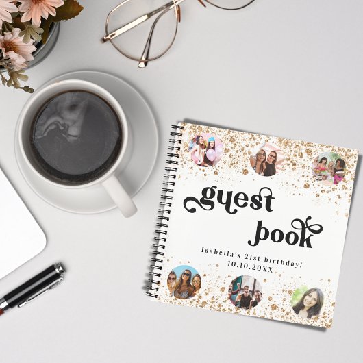 ゲストブック 誕生日 ホワイト ゴールド グリッター 名前 フォト ノートブック