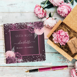 ゲストブック 誕生日 ワインレッド シルバー 花 ノートブック