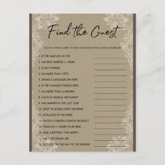 ゲストブライダルシャワーゲームの検索 エンクロージャーカード (正面)