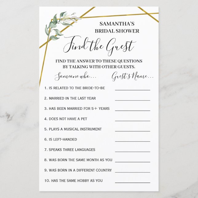 ゲストブライダルシャワーバイリンガルゲームの検索 (正面)