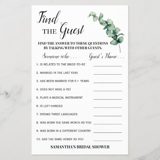 ゲストユーカリブライダルシャワーゲームカードの検索 チラシ (正面)