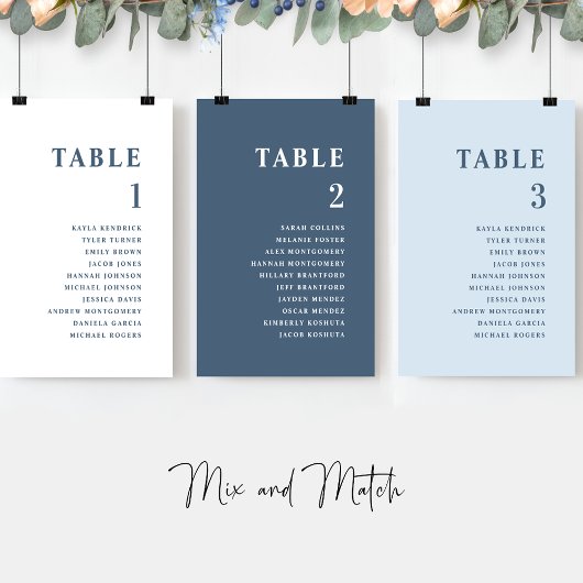 ゲスト名ミニマル付き青いシーティングプランカード