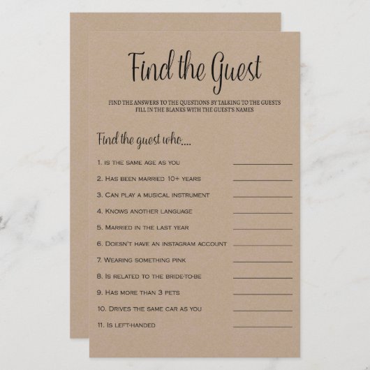 ゲスト探し ラスティック クラフト ブライダルシャワー ゲーム (正面/裏面)