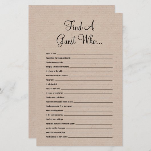 ゲスト素朴ブライダルシャワーゲームを検索 (正面/裏面)