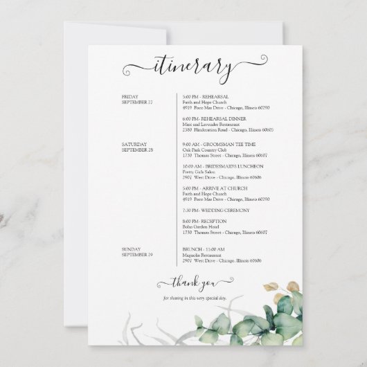 ゲスト結婚のための週末の旅程 招待状 (裏面)