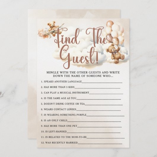 ゲスト赤ちゃんシャワーゲームかわいいクマを見つける 招待状 (正面/裏面)