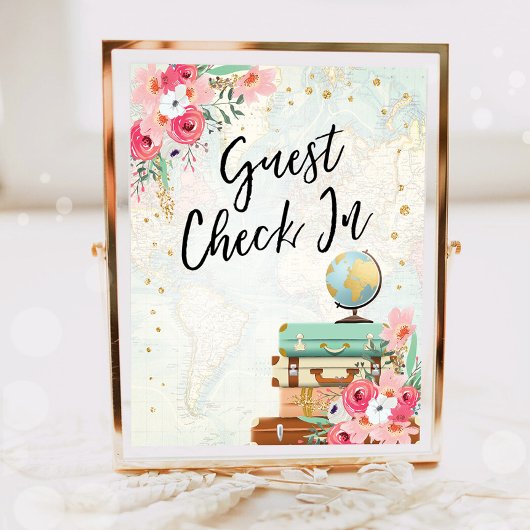 ゲスト チェック イン トラベル アドベンチャー ピンク ブライダル シャワー ポスター