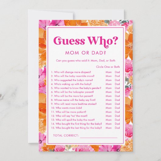 ゲス・フー ピンク＆フラワーベイビーシャワーゲーム 招待状 (正面)