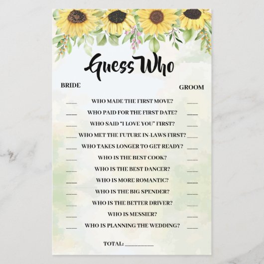 ゲス・フー 向日葵 ブライダルシャワーのゲームカード チラシ (正面)