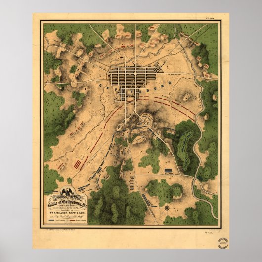 ゲチスバーグヴィンテージの地図（1863年） 3 ポスター (正面)