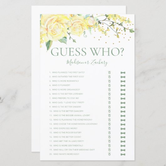 ゲットイエロエレガントローローズブライダルシャワーゲーム (正面/裏面)