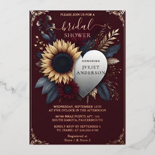 ゲットマルーン伝統的秋ブルゴーニュブライダルシャワー 箔招待状 (正面)