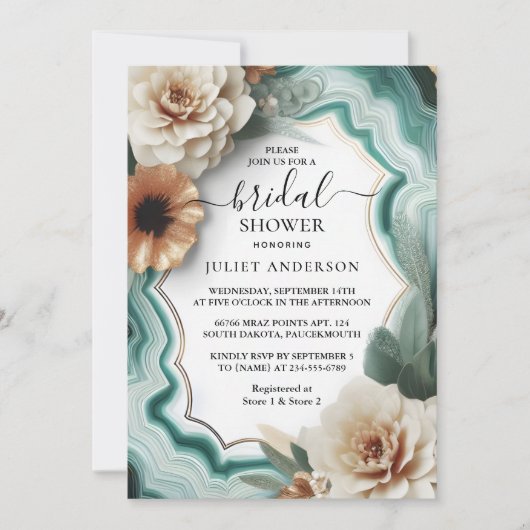 ゲットモンスターエメラルドグリーンと金ゴールドブライダルシャワー 招待状 (正面)