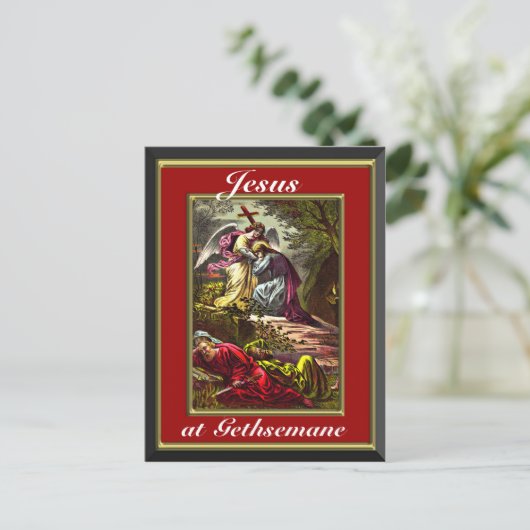 ゲツセマネのイエス 赤と金のフレーム ポストカード (スタンド正面)