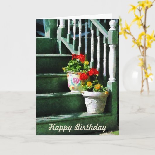 ゲラニウムとパンジーのステップ – 誕生日 カード (黄色い花)