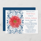 ゲルベラデイジーコーラルネイビーブルーフローラブライダルシャワー 招待状 (正面/裏面)
