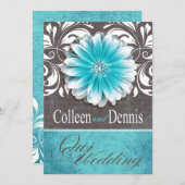 ゲルベラデイジースクロー結婚ル1のティール(緑がかった色)黒板 招待状 (正面/裏面)