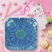 ゲルベラデイジーブロックプリントセルリアン&インディゴブルー ペーパープレート (パーティー)