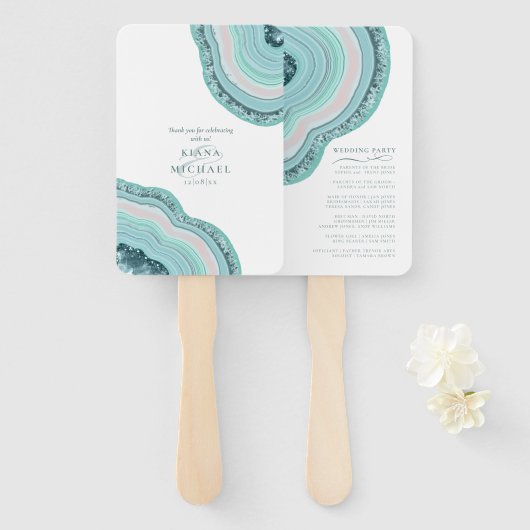 ゲートグリッターウェディングパーティーティール（緑がかった色）ID647 ハンドファン (正面&裏面)