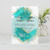 ゲートティール（緑がかった色）と金ゴールド幾何学的グリッター結婚ズInvi 招待状 (スタンド正面)