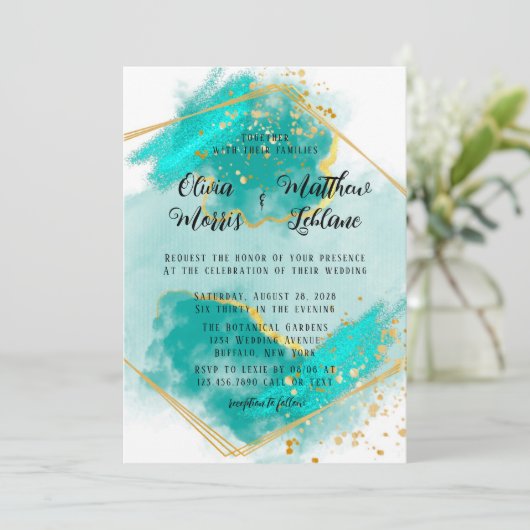 ゲートティール（緑がかった色）と金ゴールド幾何学的グリッター結婚ズInvi 招待状 (スタンド正面)