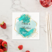 ゲートティール（緑がかった色）と金ゴールド水彩幾何学模様結婚の スタンダードカクテルナプキン (インサイチュ)