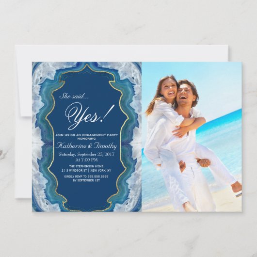 ゲートブルーエレガントティール(緑がかった色)ジオードパターン 招待状 (正面)