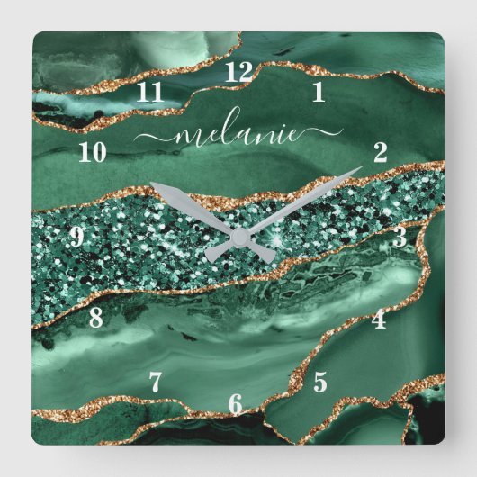 ゲート緑の金ゴールドグリッターゲード大理石名時計 スクエア壁時計 (正面)