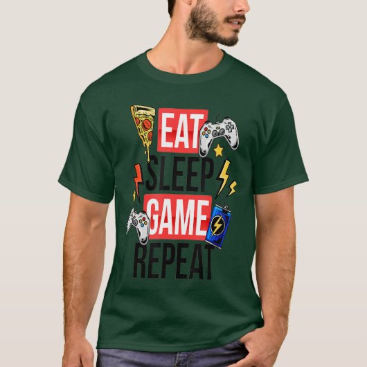 ゲーマーに捧ぐ 面白い ゲームに食べて寝る 反復 Tシャツ (正面)