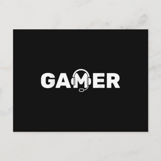 ゲーマーのビデオゲームとヘッドフォンによるゲーム ポストカード (正面)