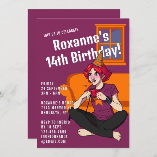 ゲーマーアニメパープル10代のガール14誕生日 招待状 (正面/裏面)