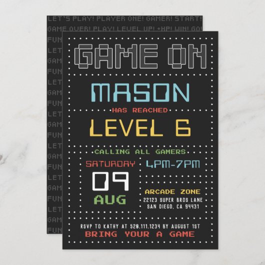 ゲーマーアーケードビデオゲーム誕生日パーティーの招待 招待状 (正面/裏面)