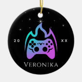 ゲーマーガーリーネオンビデオゲームコンソール名&年 セラミックオーナメント (正面)