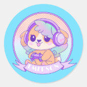 ゲーマーガールかわいいチビ（小さくかわいく書いた感じ）ドッグベビーブルーと名前 ラウンドシール (正面)