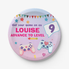 ゲーマーガールカラフルピンクのビデオゲーム ペーパープレート