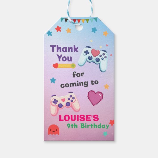 ゲーマーガールカラフルピンクビデオゲーム誕生日 ギフトタグ (正面)