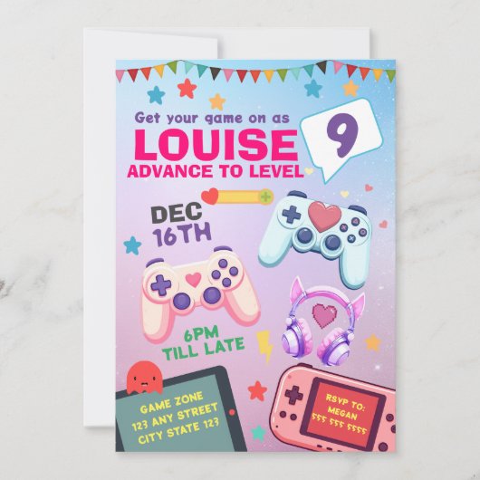 ゲーマーガールカラフルピンクビデオゲーム誕生日 招待状 (正面)