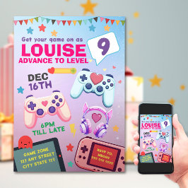 ゲーマーガールカラフルピンクビデオゲーム誕生日 招待状