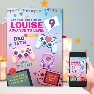 ゲーマーガールカラフルピンクビデオゲーム誕生日 招待状