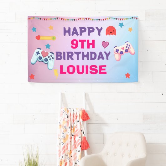 ゲーマーガールカラフルピンクビデオゲーム誕生日 横断幕 (インサイチュ)