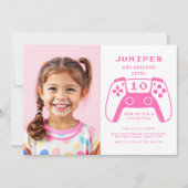 ゲーマーガールズ ピンク キッズ 誕生日パーティー 写真 招待状 (正面)
