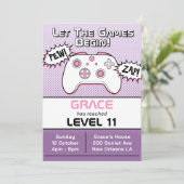 ゲーマーガールパープルコントローラー11誕生日 招待状 (スタンド正面)