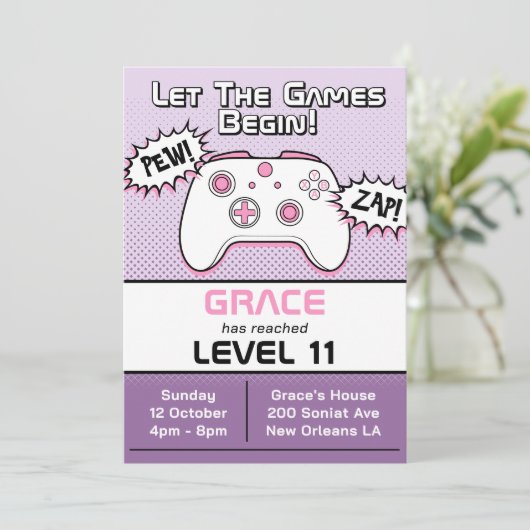 ゲーマーガールパープルコントローラー11誕生日 招待状 (スタンド正面)
