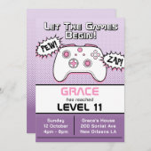 ゲーマーガールパープルコントローラー11誕生日 招待状 (正面/裏面)