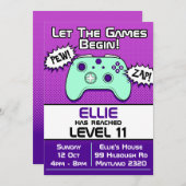 ゲーマーガールパープル11誕生日招待状 招待状 (正面/裏面)