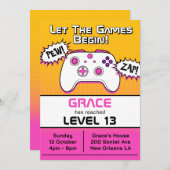 ゲーマーガールピンクイエローコントローラー13誕生日 招待状 (正面/裏面)