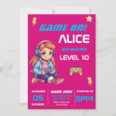 ゲーマーガールピンクビデオゲーム誕生日 招待状 (正面)