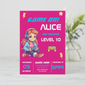 ゲーマーガールピンクビデオゲーム誕生日 招待状 (スタンド正面)